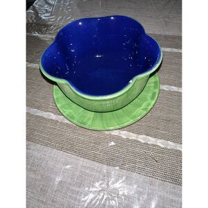Vintage Elleci S.R.I. Italian Serving Bowl & Matching Plate Pottery Green Blue